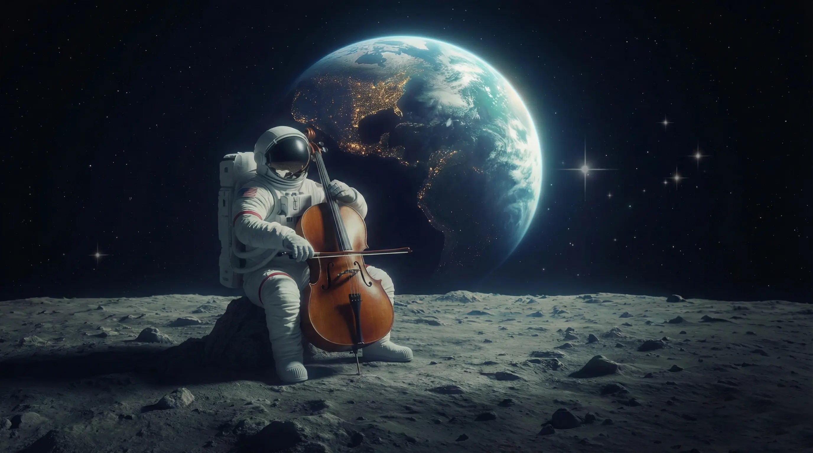 Astronaut Cello - An astronaut plays a melodious cello on the moon, with the rotating Earth as a backdrop....