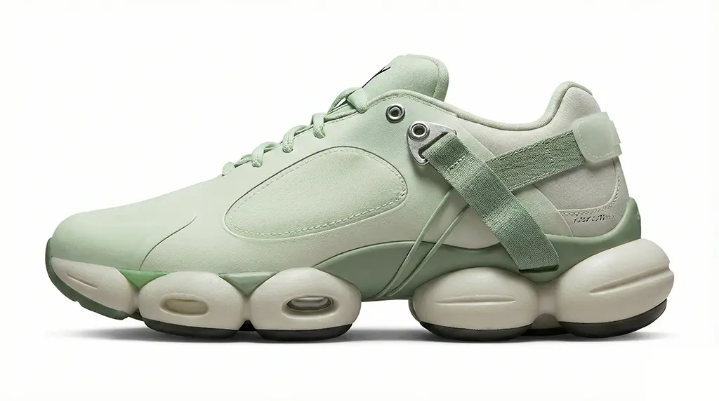 Shoes Ad - Mid-shot. The sneaker sits on a white glowing rotating plinth. Smooth camera orbit, capturing the fu...