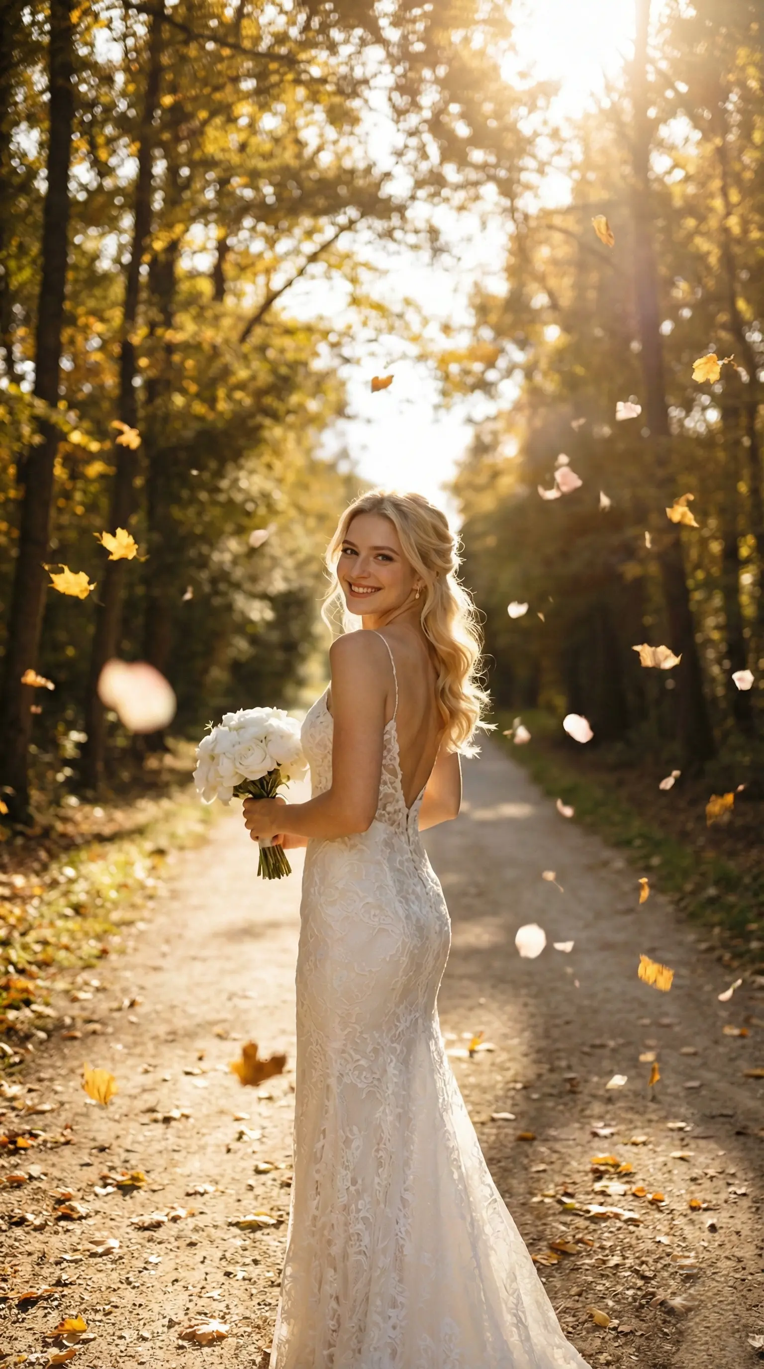 Wedding - Beautiful young blonde bride with wavy hair, wearing a mermaid-style white lace wedding dress, holdi...